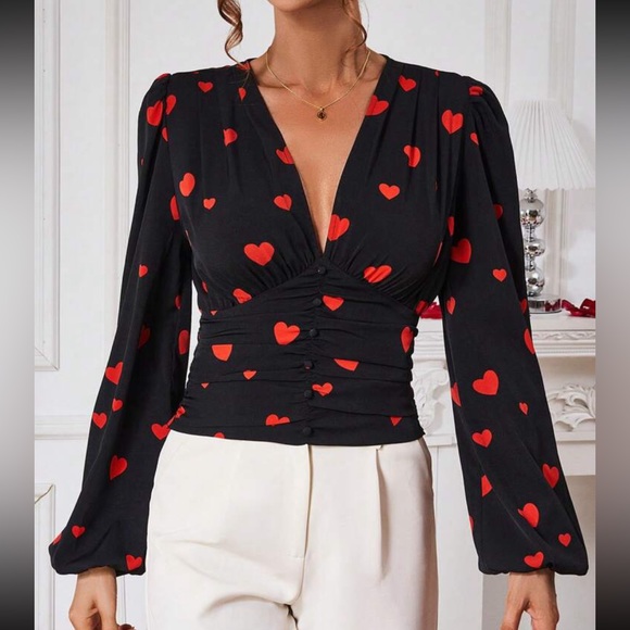 Plunge V-Neck Pleated Smocked Waist Button Lantern Sleeve Top Blouse Black - Picture 10 of 11